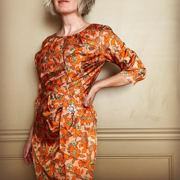 Vintage orange floral Mad Men dress size 10 - Picture 2 of 8